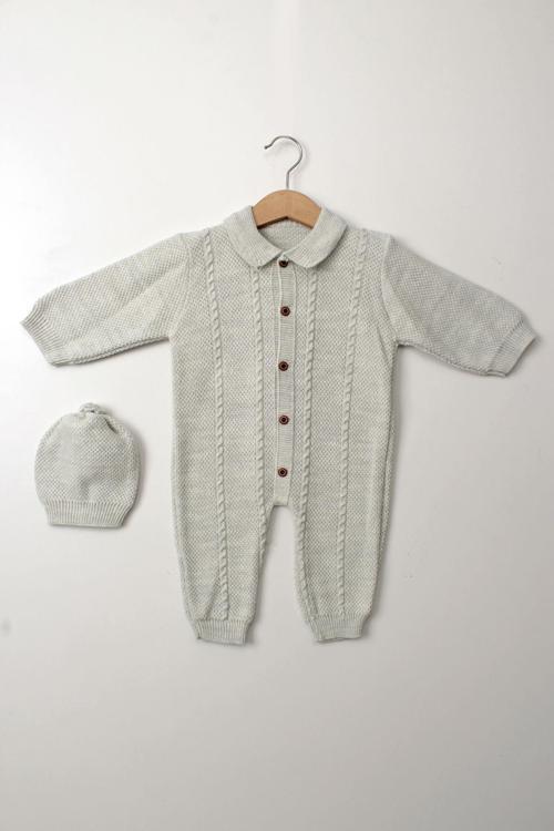 Gri Unisex Bebek Tulum Şapkalı Triko Düğmeli Örgü Kışlık Yenidoğan Uzun Kollu Tulum Takım
