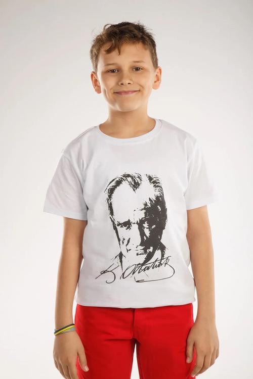 Atatürk Baskılı Kısa Kol Tişört Beyaz Çocuk Milli Bayram 23 Nisan 29 Ekim Özel Gün Kıyafeti