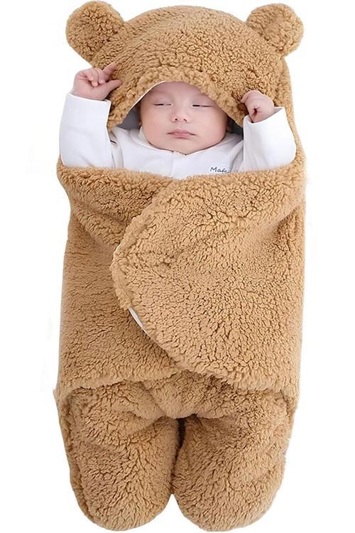 0-12 Ay Unisex Bebek Kapüşonlu Kulaklı Peluş Kundak Battaniye Uyku Tulumu Kahverengi