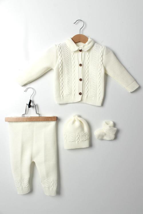 Unisex Bebek Beyaz Triko Takım 4'lü Hırka, Pantolon, Bere, Patik Orta Kalın Örgü
