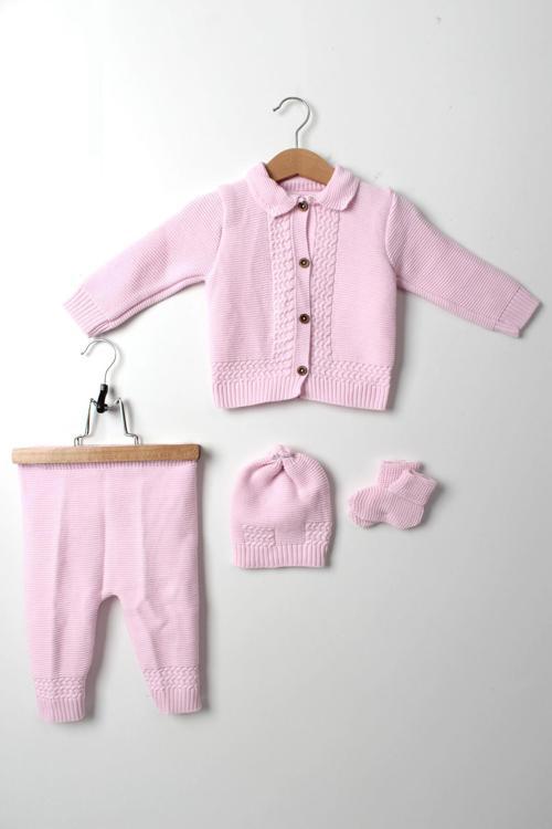 Bebek Triko Örgü Takım 4'lü Pembe Hırka Pantolon Bere Patik Yeni Doğan Kışlık Kız