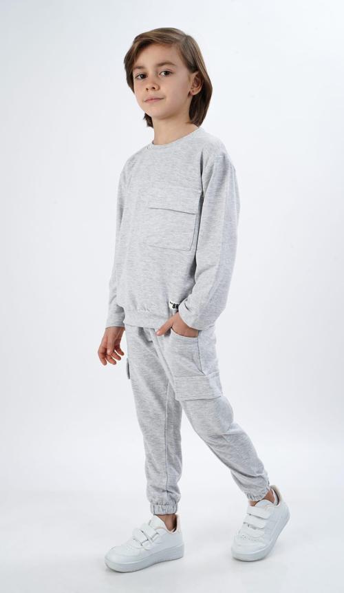 Erkek Çocuk Gri Cepli Mevsimlik Eşofman Takımı | Rahat Jogger Alt ve Sweatshirt