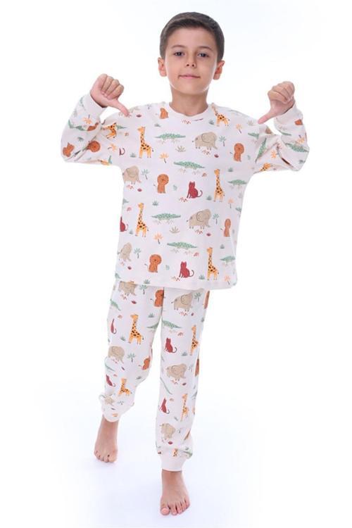 Erkek Çocuk Pamuklu Hayvan Desenli Pijama Takımı Uzun Kollu Zürafa Fil Aslan