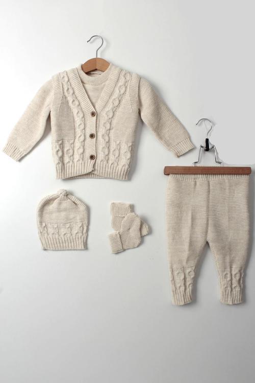 Unisex Bebek 5'li Bej Triko Takım Kışlık Yelek, Kazak, Pantolon, Bere, Patik Kalın Örgü