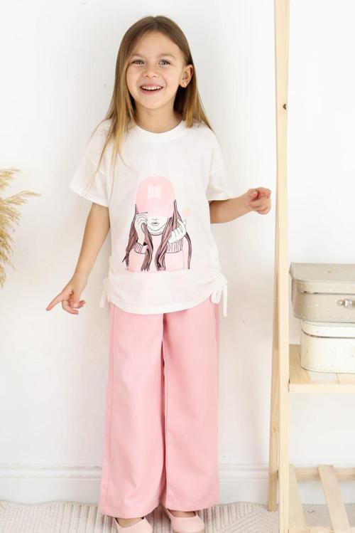 Kız Çocuk Pembe Bol Paça Pantolon ve Beyaz Baskılı Tişört Takım 5-13 Yaş Yazlık Kombin