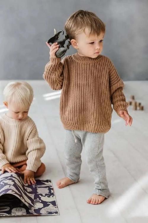 Unisex Bebek Triko Kazak – Kahverengi, Kalın Örgü, Kışlık, Sıcak Tutan Bebek Çocuk Kazak