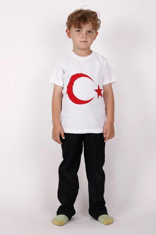 Ay Yıldız Baskılı Kısa Kol Tişört Beyaz Çocuk Genç 23 Nisan 29 Ekim Bayram Gösteri Kıyafeti