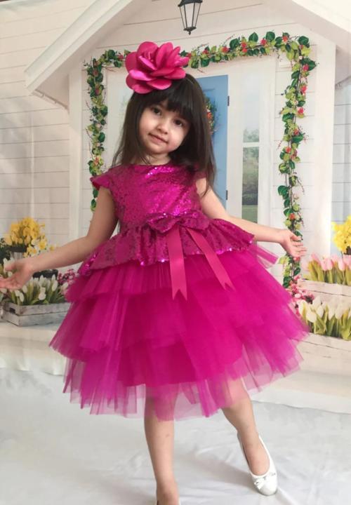 Kız Çocuk Abiye Elbise Tüllü Katlı Pul Payetli Fuşya Mezuniyet Düğün Doğum Günü