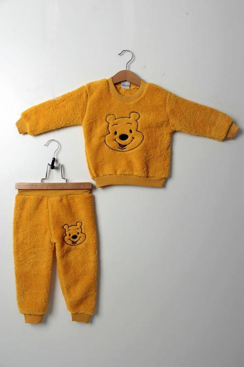 Unisex Çocuk Peluş Eşofman Takımı Sarı Kalın Sıcak Kışlık 2'li Uzun Kollu Ev Giyim