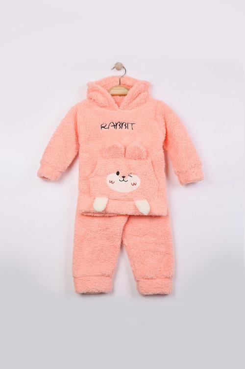 Kız Bebek Çocuk 2'li Polar Takım Tavşanlı Kapüşonlu Peluş Kışlık Günlük Rahat Giyim