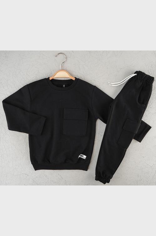 Erkek Çocuk Siyah Cepli Mevsimlik Eşofman Takımı | Sweatshirt ve Jogger Alt