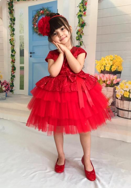 Kız Çocuk Abiye Elbise Tüllü Katlı Pul Payetli Kırmızı Mezuniyet Düğün Doğum Günü