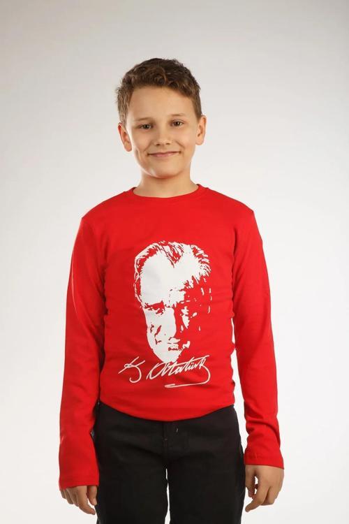 Atatürk Baskılı Uzun Kol Tişört Kırmızı Çocuk Milli Bayram 23 Nisan 29 Ekim Özel Gün Kıyafeti