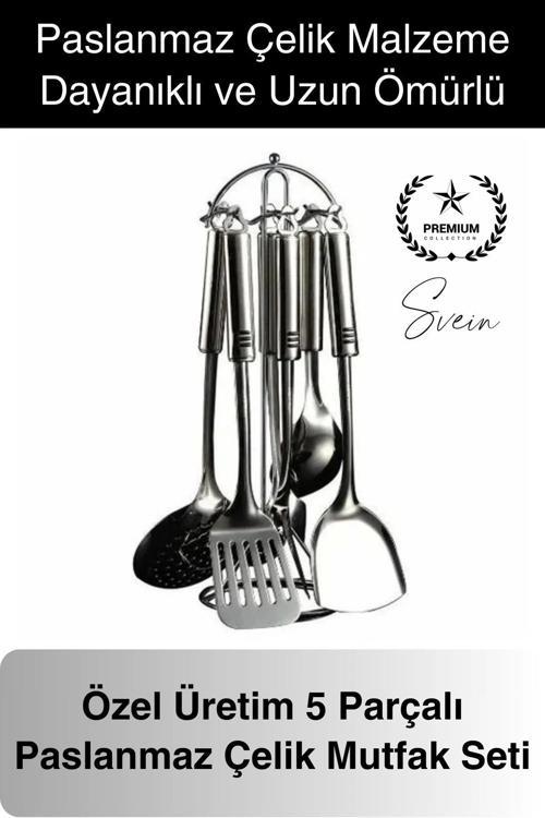 5'li Paslanmaz Çelik Mutfak Seti Servis Kepçe Kevgir Spatula Kaşık Takımı Metal Hijyen Çeyiz Pratik