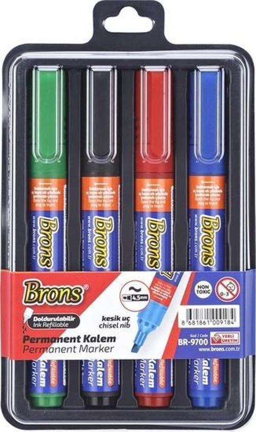 Permanent Marker Kalem Kesik Uç 4 Lü Siyah Mavi Kırmızı BR-9700