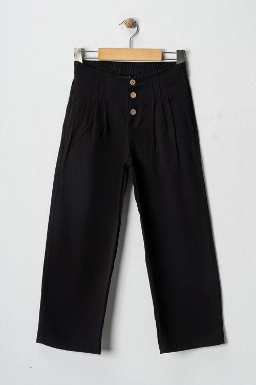 Kız Çocuk Düğmeli Yüksek Bel Geniş Paça Pantolon - Siyah, Günlük, Bayramlık