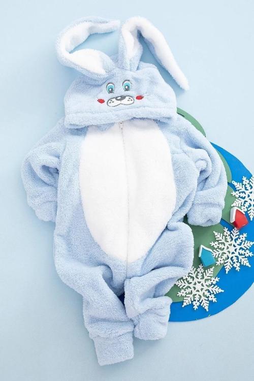 Erkek Bebek Mavi Tavşan Polar Tulum Kapüşonlu Kışlık Uyku Tulum Kostüm Sevimli