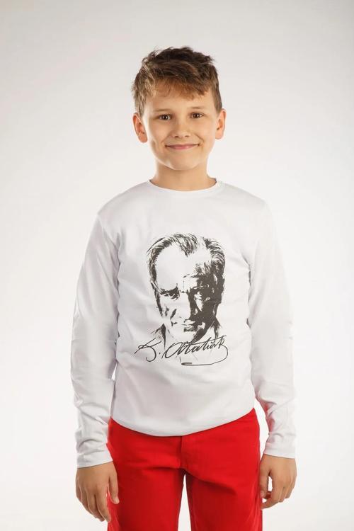 Atatürk Baskılı Uzun Kol Tişört Beyaz Çocuk Milli Bayram 23 Nisan 29 Ekim Özel Gün Kıyafeti