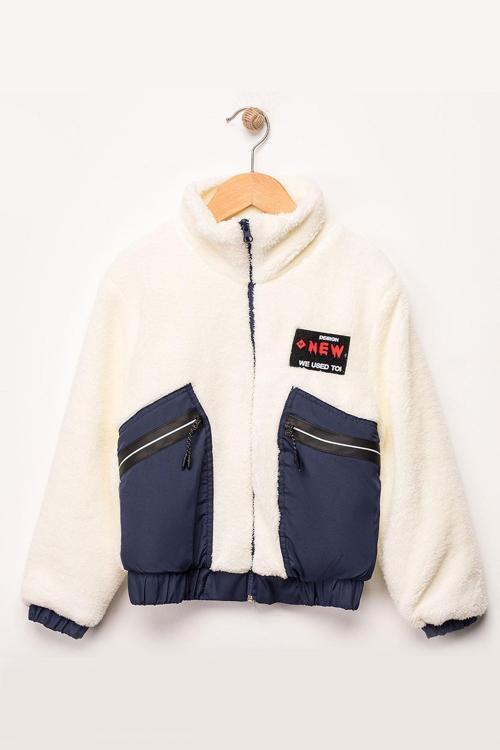 Unisex Çocuk Polar Mont Fermuarlı Cepli Peluş Şişme Mont Kışlık Kalın Ceket Lacivert Beyaz