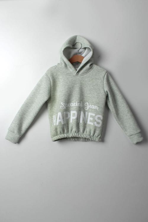 Kız Çocuk 5-10 Yaş Şardonlu Kalın Sweatshirt - Kapüşonlu Mint Yeşili HAPPINESS Baskılı