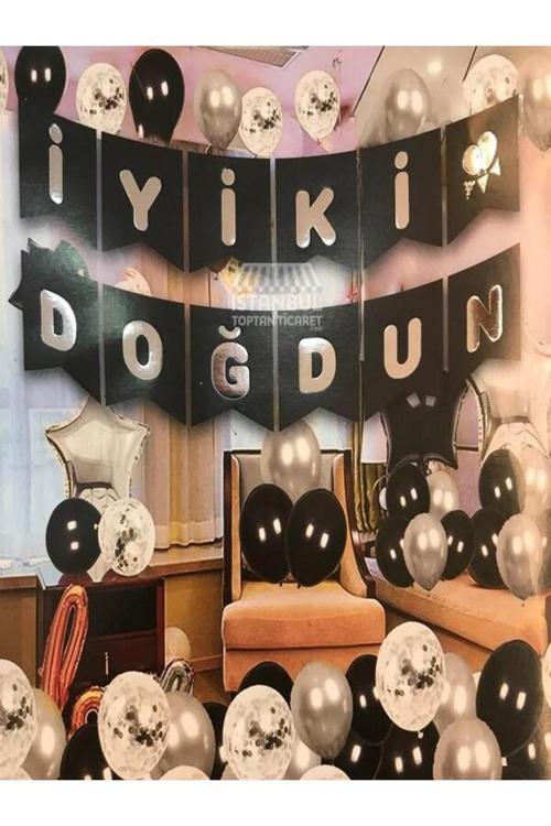 İkm Balon Parlak Yaldızlı İyi Ki Doğdun  Banner  Siyah Gümüş