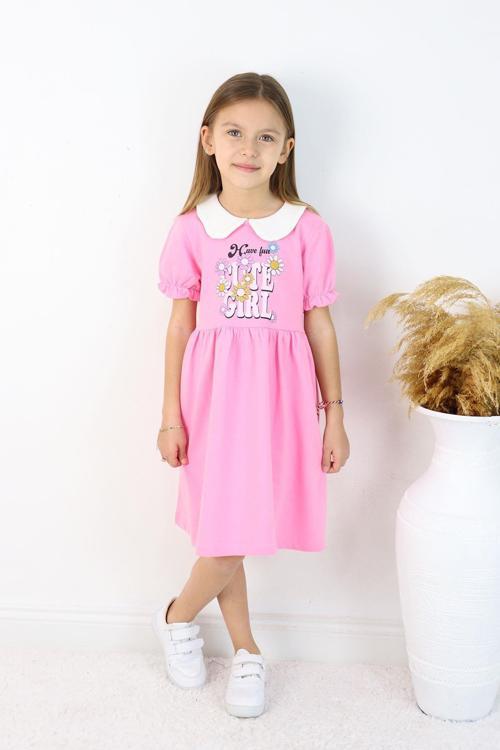 Kız Çocuk Pembe Bebe Yaka Kısa Kollu Elbise – Şık ve Rahat Pamuklu Günlük Yazlık Elbise