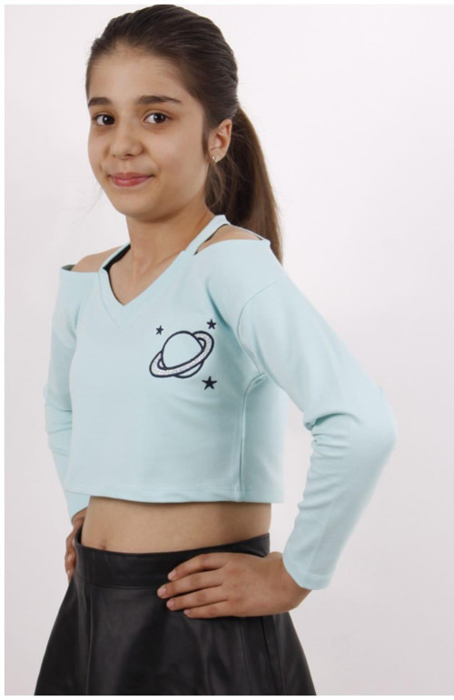 Toontoy Kız Çocuk Gezegen Baskılı Crop Tişört