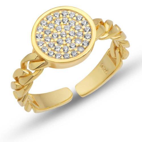 Gümüş Ayarlanabilir Gold Yuvarlak Zirkon Taşlı Kadın Yüzük SL5397