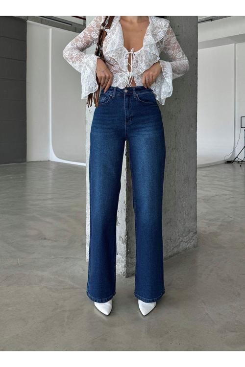 Kadın Yüksel Bel Soluk Efekt Likralı Wide Leg Palazzo Jean Koyu Mavi 42-30