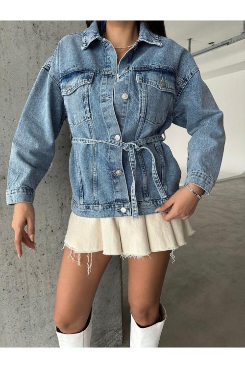 Kadın Beli Kuşaklı Mavi Kar Yıkama Oversize Kot Ceket Mavi L
