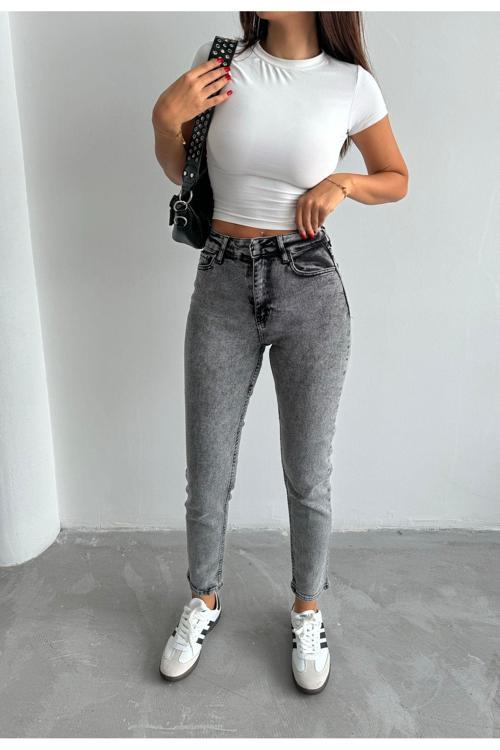 Kadın Likralı Yüksek Bel Mom Jeans Gri 31