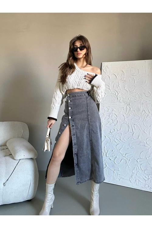 Kadın Önü Düğmeli Maxi Boy Siyah Kar Yıkama Antrasit Renk Likralı Denim Etek Gri XL
