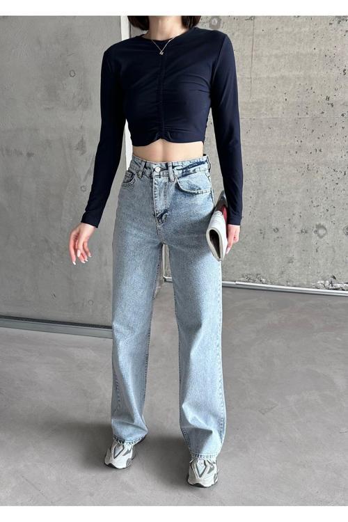 Kadın Buz Mavi Kar Yıkama Yüksek Bel Likralı Wide Leg Geniş Paça Palazzo Kot Pantolon Buz Mavisi 27