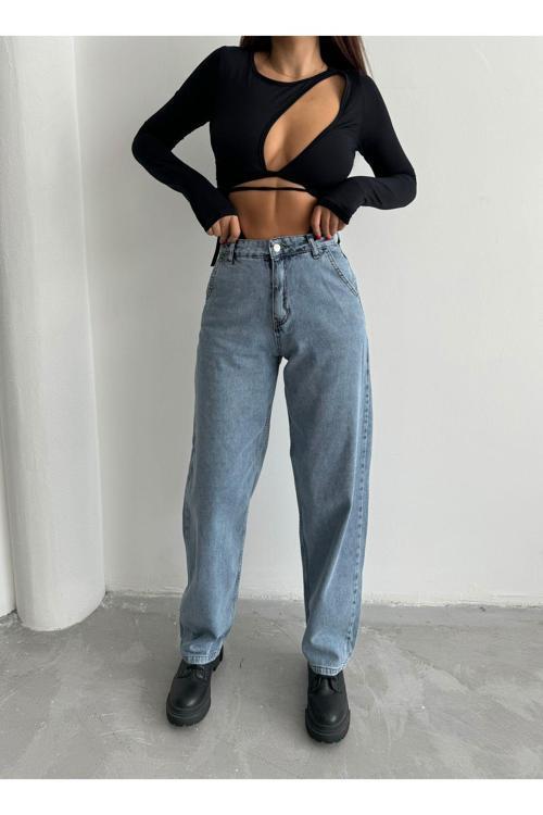 Kadın Mavi Kar Yıkama Rengi Yüksek Bel Skater Fit Bol Kesim Baggy Denim Buz Mavisi 34-26
