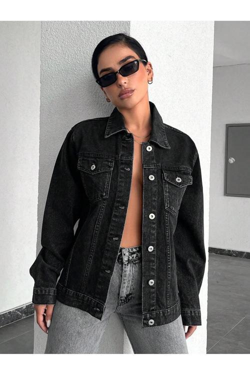 Kadın Oversize Siyah Kar Yıkama Cepli Denim Ceket Antrasit L