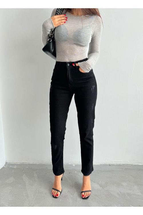 Kadın Likralı Yüksek Bel Mom Jeans Siyah 28
