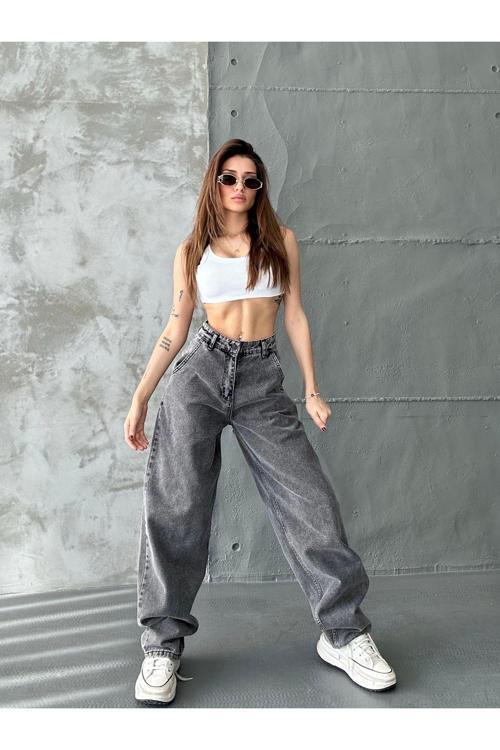 Kadın Siyah Kar Yıkama Yüksek Bel Skater Fit Bol Kesim Baggy Denim Gri 27