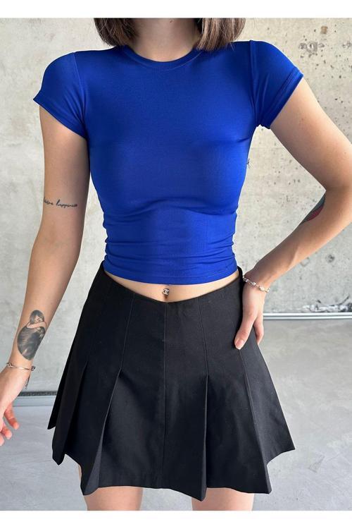 Saks Mavi Bisiklet Yaka Basic Kadın T-Shirt Saks Mavi M