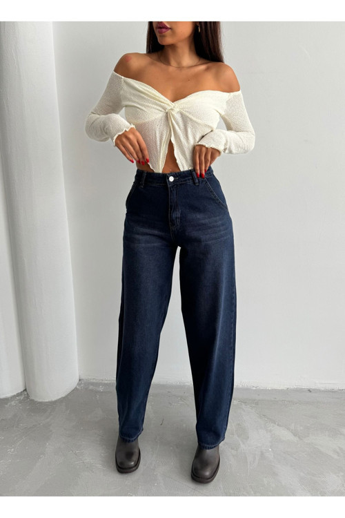 Kadın Soluk Efektli Vintage Kırmızı Tint Mavi Kot Rengi Yüksek Bel Skater Fit Bol Kesim Baggy Denim Kırmızı - Mavi 44-31