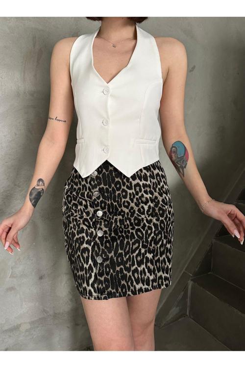 Kadın Kısa Önü Düğmeli Siyah Beyaz Renk Leopar Desenli Likralı Mini Denim Etek Siyah XL