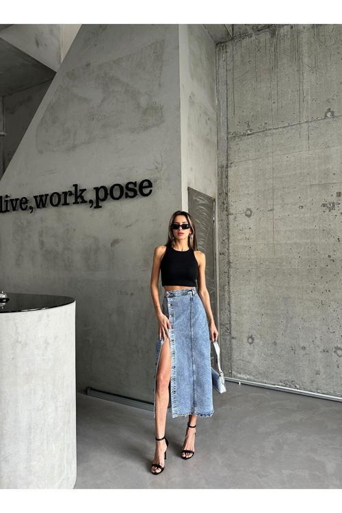 Kadın Önü Düğmeli Maxi Boy Buz Mavi Renk Kar Yıkama Likralı Denim Etek Buz Mavisi L