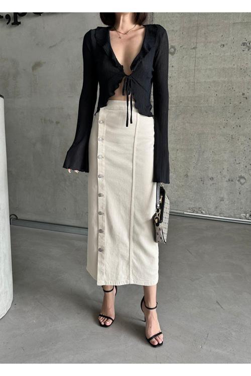 Kadın Önü Düğmeli Uzun Boy Bej Rengi Likralı Kot Etek Bej 2XL