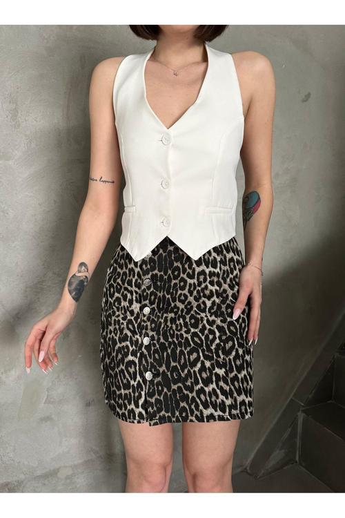 Kadın Yüksek Bel Leopar Desen Önü Düğmeli Mini Denim Etek Gri XL
