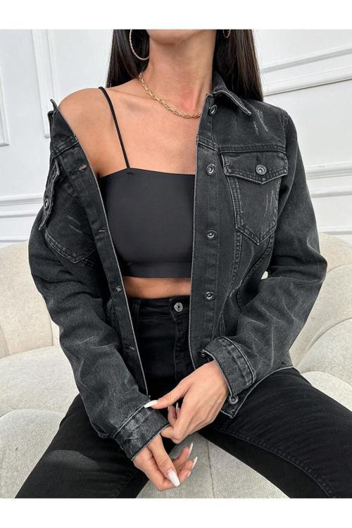 Kadın Kar Yıkama Destrolu Denim Ceket Gri S