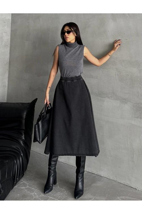 Kadın Yüksek Bel Midi Boy Beli Lastikli Kloş Denim Etek Siyah M