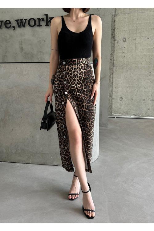 Kadın Önü Düğmeli Uzun Boy Kahverengi Siyah Leopar Desenli Likralı Kot Etek Kahverengi 2XL