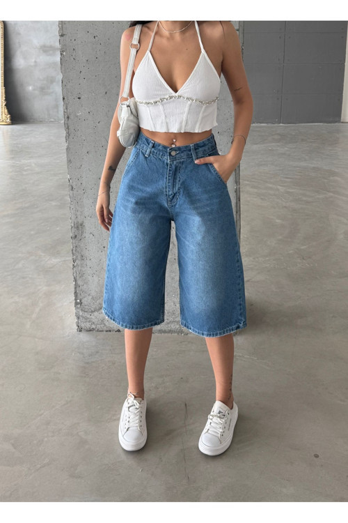 Kadın Yüksek Bel Soluk Efektli Vintage Bol Kesim Geniş Paça Baggy Denim Bermuda Şort Mavi 36