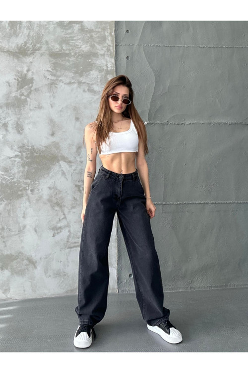 Kadın Siyah Enzim Yıkama Renk Vintage Yüksek Bel Skater Fit Bol Kesim Şalvar Denim Siyah 30