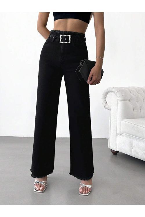 Kadın Yüksek Bel Kemerli Bel Püskül Paça Püsküllü Siyah Likralı Palazzo Jean Siyah 28