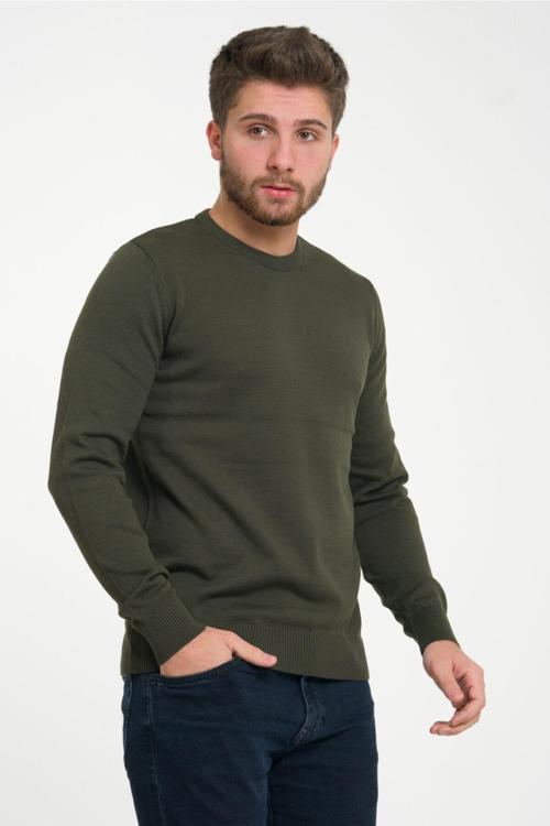 Erkek Haki %100 Pamuklu Bisiklet Yaka Triko Kazak Trıst-1101